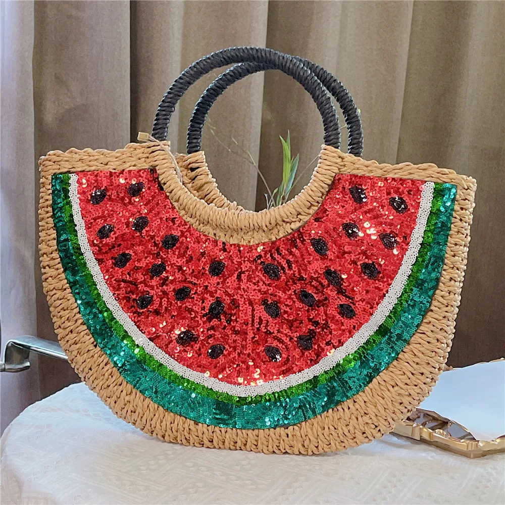 Wholesale Rattan Straw Handbags, Hand-woven Summer Watermelon Beach Woven Straw Tote Bag with Sequin for Women
Wholesale Rattan Straw Handbags, Hand-woven Summer Watermelon Beach Woven Straw Tote Bag with Sequin for Women