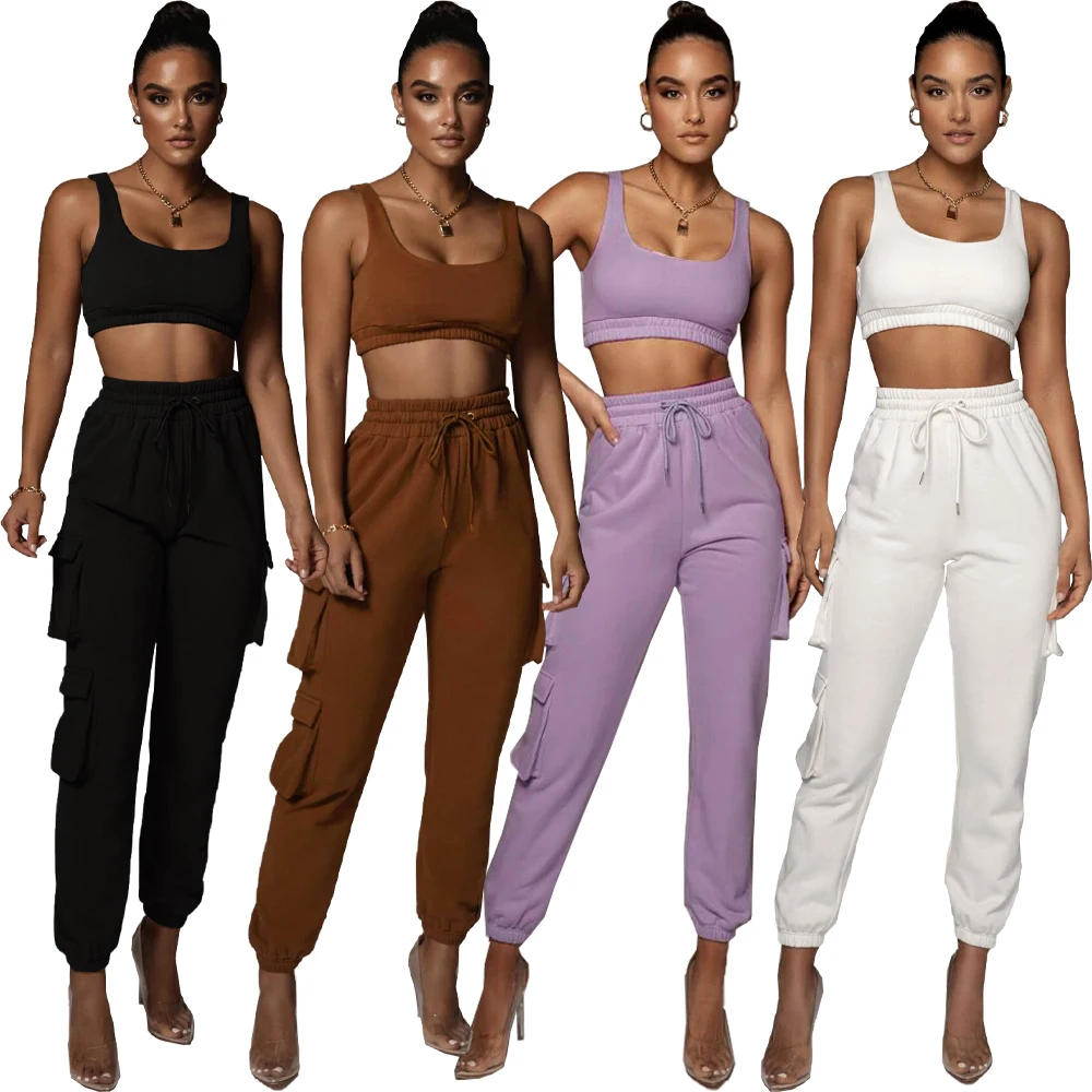 2021 summer casual tank top crop tops long pants leggings two piece multi pocket sportswear set 2 pcs solid color sports wear 
2021 summer casual tank top crop tops long pants leggings two piece multi pocket sportswear set 2 pcs solid color sports wear