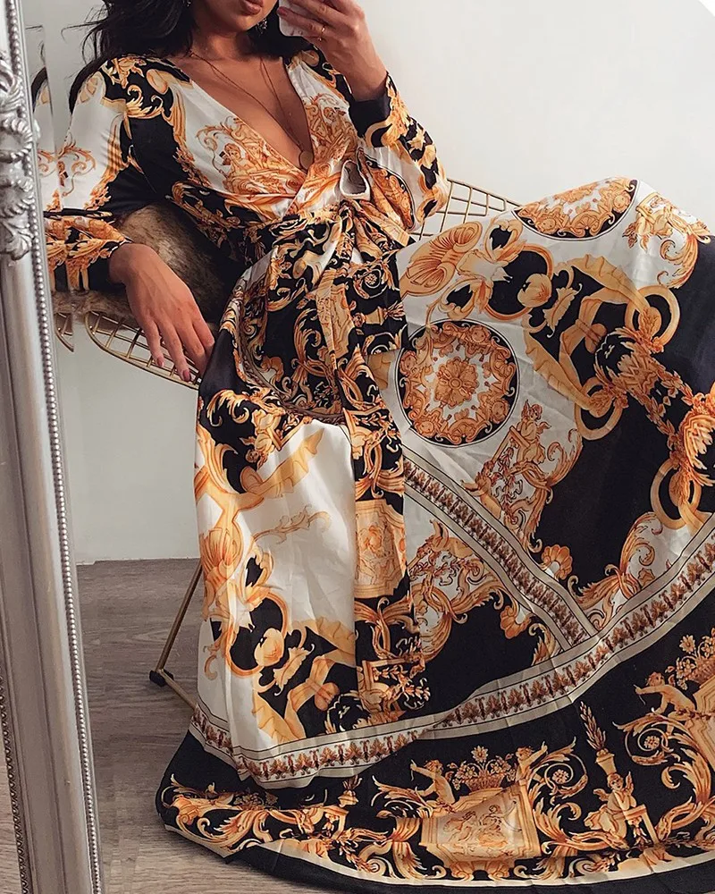 Evening dress print dress V-neck turtleneck long sleeve big spread split skirt dress
Evening dress print dress V-neck turtleneck long sleeve big spread split skirt dress