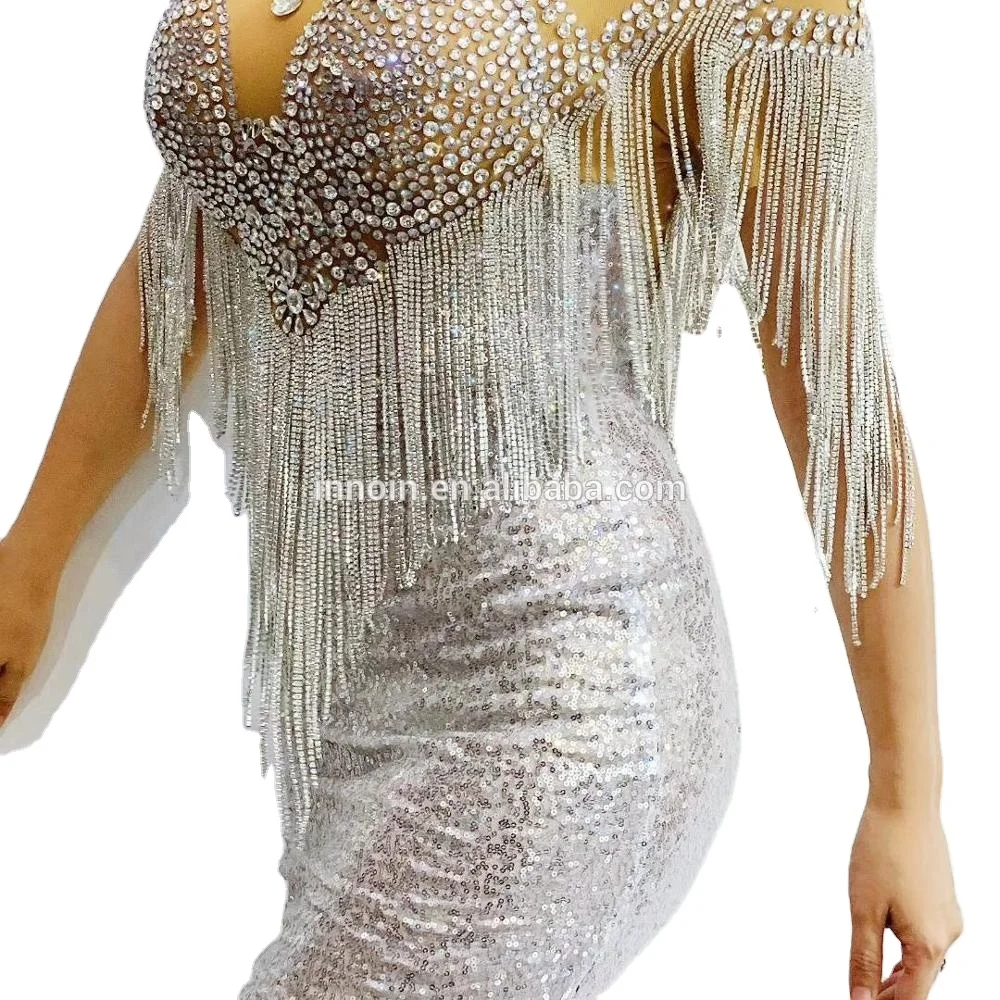 New Design Shining Big Crystal Mesh Sexy Bodysuit Sparkly Rhinestones Chains Fringe Dress Nightclub Party Wear
New Design Shining Big Crystal Mesh Sexy Bodysuit Sparkly Rhinestones Chains Fringe Dress Nightclub Party Wear