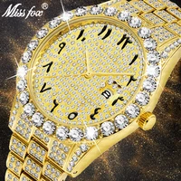 

MISSFOX Big Diamond Watch Mens Luxury Brand Magnifier Calendar Golden Classic Quartz High End Low Moq Male Arab Iced Out Watch