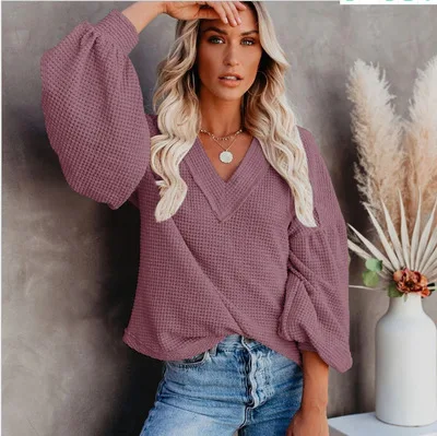 2020 Women's V-neck Long Sleeve Waffle Knit Top Solid Color Oversized Pullover Slouchy Sweater
2020 Women's V-neck Long Sleeve Waffle Knit Top Solid Color Oversized Pullover Slouchy Sweater