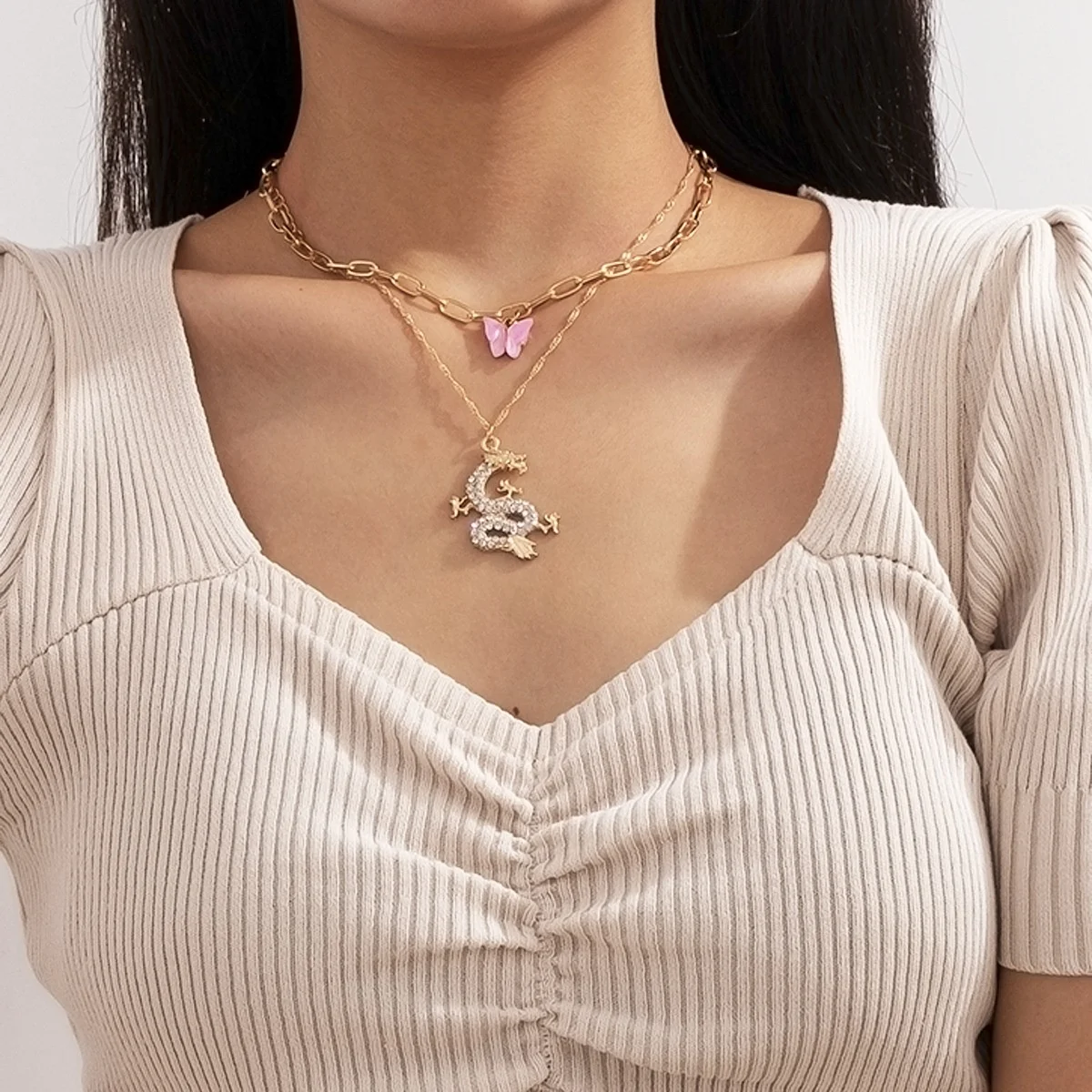 Cute Pink Butterfly Pendant Double Chain Necklace Trendy Chinese Dragon Crystal Punk Jewelry Vintage Curb Cuban Necklace, Picture shows
Cute Pink Butterfly Pendant Double Chain Necklace Trendy Chinese Dragon Crystal Punk Jewelry Vintage Curb Cuban Necklace, Picture shows
