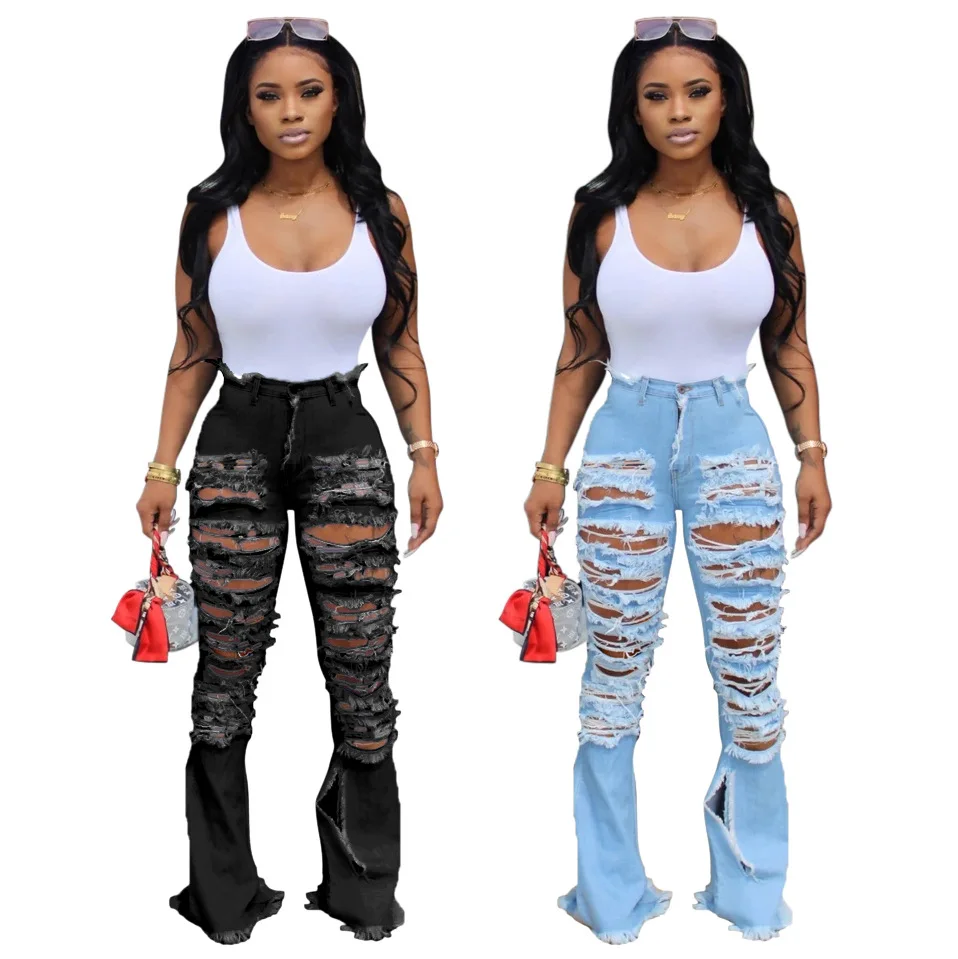 Damaged ripped street trend bell bottom denim flares pants jeans women, Blue black
Damaged ripped street trend bell bottom denim flares pants jeans women, Blue black