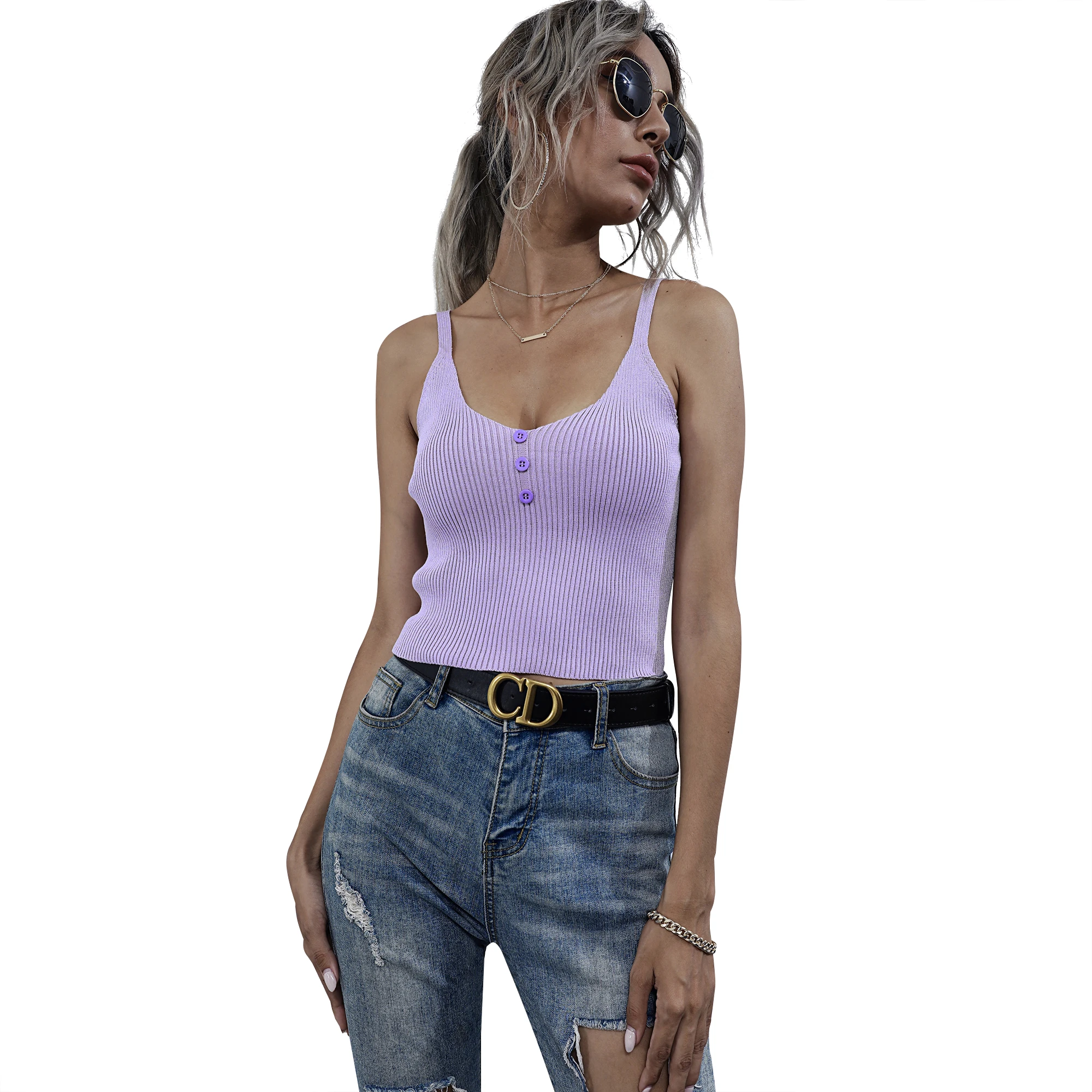 New summer 2021 Europe and the United States short sexy midriff-showing pure color button sling belt knit vest women, Picture shows
New summer 2021 Europe and the United States short sexy midriff-showing pure color button sling belt knit vest women, Picture shows