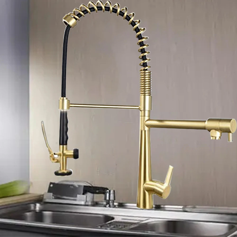 

Kitchen Faucets with Pot Filter Pull Down Sprayer-Brushed Gold Brass industrial Single Handle One Hole Faucet