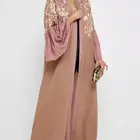 2019 Summer New Style Beige Pink Women Pleated Sleeve Embroidered Abaya