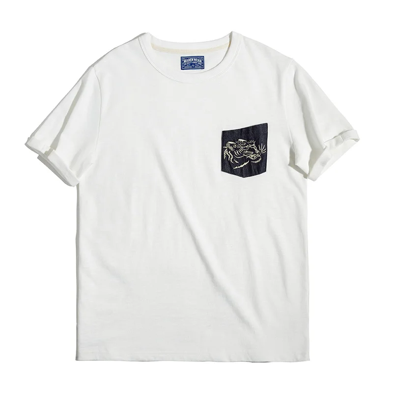 2021 Summer American Vintage Tiger head embroidered Denim Splice pocket short sleeves T shirt, White
2021 Summer American Vintage Tiger head embroidered Denim Splice pocket short sleeves T shirt, White