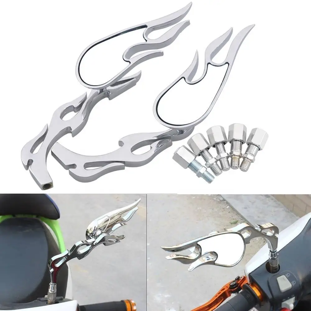 2xAlloy 180 Degrees Chrome Flame Rearview Mirrors w/ 8mm&10mm Screws Universal