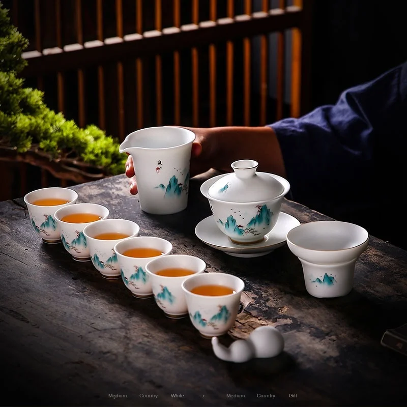 Ceramic white jade porcelain household kung fu tea set Chinese tea ceremony blue and white porcelain gaiwan cup customization
Ceramic white jade porcelain household kung fu tea set Chinese tea ceremony blue and white porcelain gaiwan cup customization