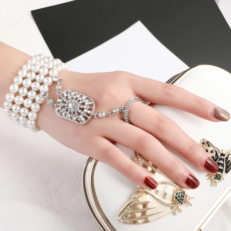 Bg004 3 Colors The Great GatsbyJewelry Wedding Bride Crystal Pearl Beaded Cuff Finger Ring Slave Bracelet, As shown
Bg004 3 Colors The Great GatsbyJewelry Wedding Bride Crystal Pearl Beaded Cuff Finger Ring Slave Bracelet, As shown