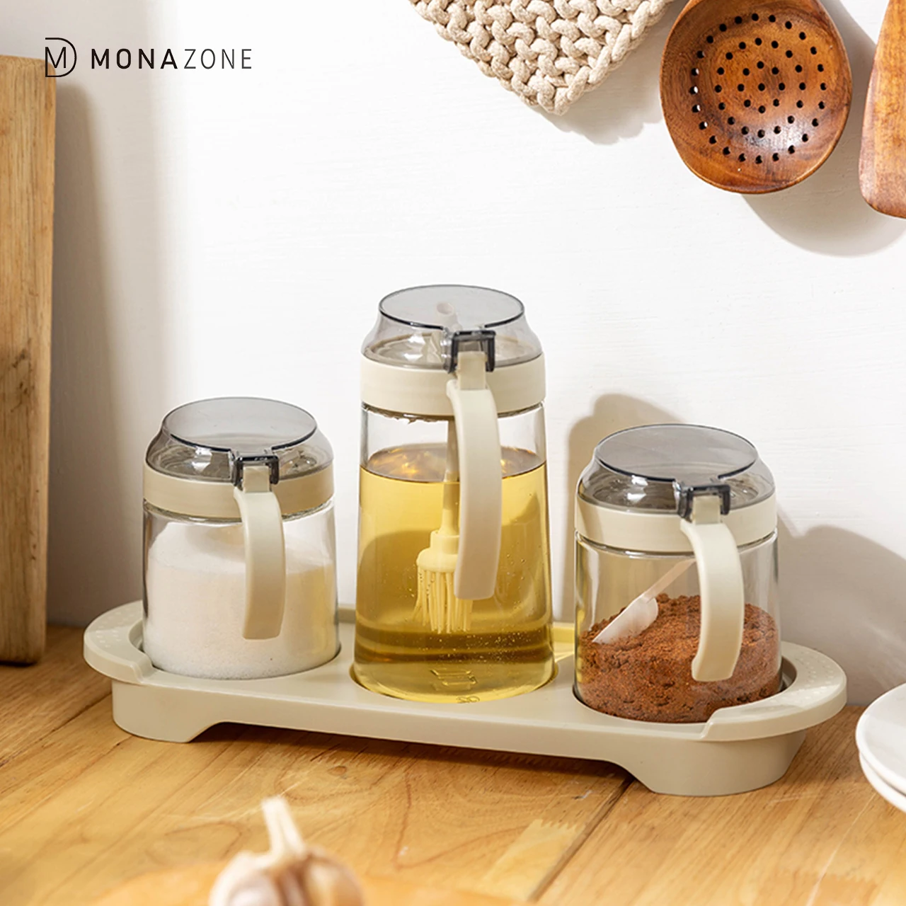 

MONAZONE Oiler Household Glass Kitchen Soy Sauce Vinegar Sauce Bottle With Spoon Seasoning Storage Jar Set