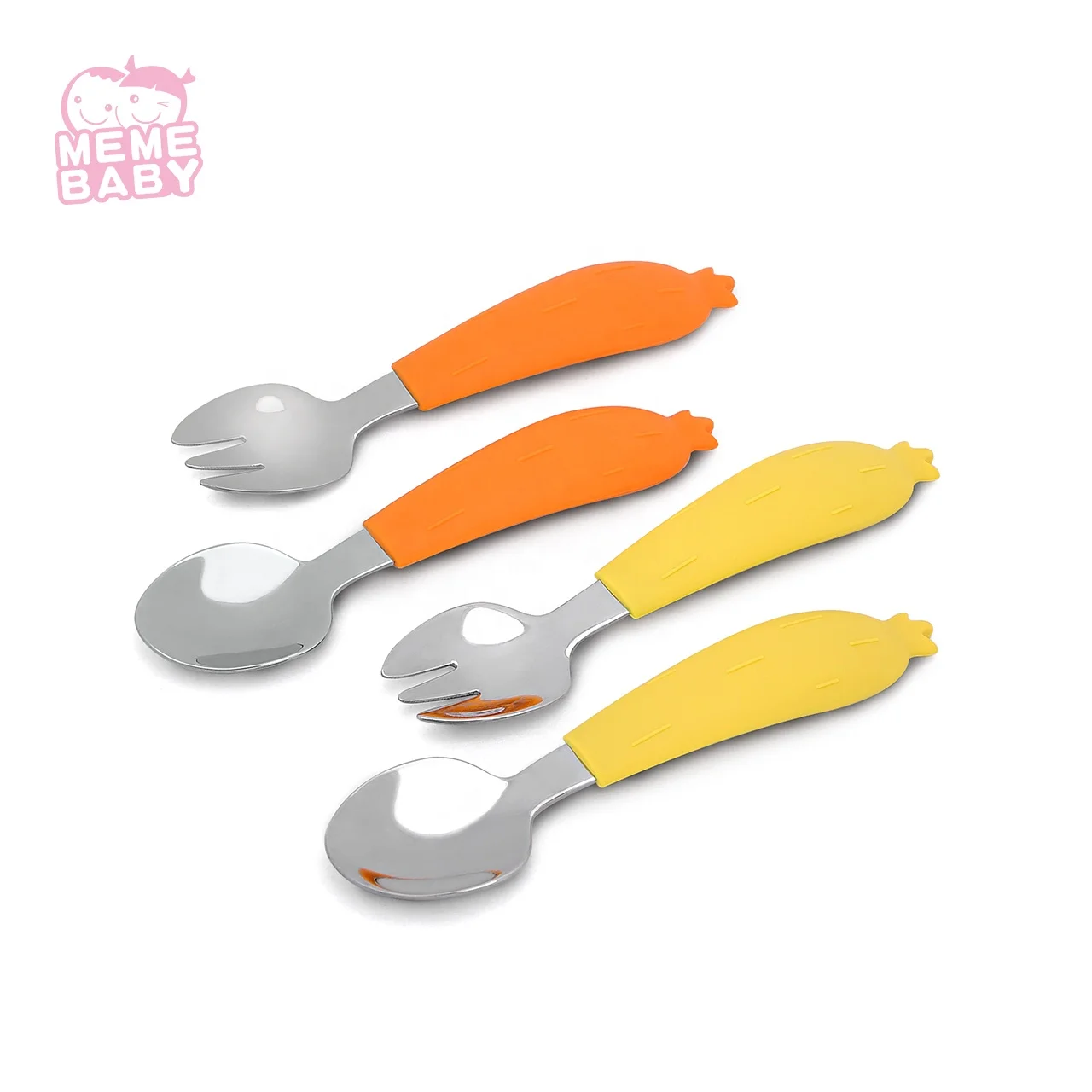 High Quality Food Grade Baby Silicone Spoon Stainless Steel Spoon And Fork, Yellow,orange,custom