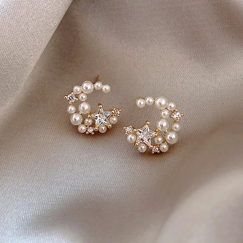 Ladies Korean 925 Silver Needle Hypoallergenic Pearl Rhinestone Star Moon Stud Earrings, As photos
Ladies Korean 925 Silver Needle Hypoallergenic Pearl Rhinestone Star Moon Stud Earrings, As photos