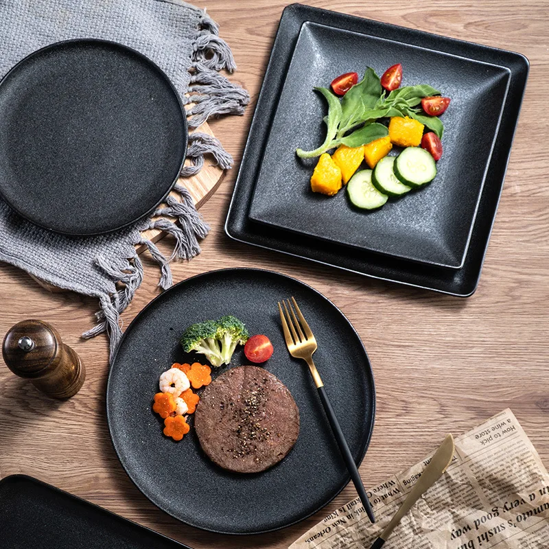 Hot Sale Luxury Tableware Black Frosted Ceramic Plate Porcelain Dinner Dishes Round Plate Square Plate
Hot Sale Luxury Tableware Black Frosted Ceramic Plate Porcelain Dinner Dishes Round Plate Square Plate