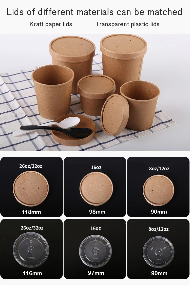 Kraft /White Disposable Paper Soup Cups /Tubs/Bowl with Paper Lids