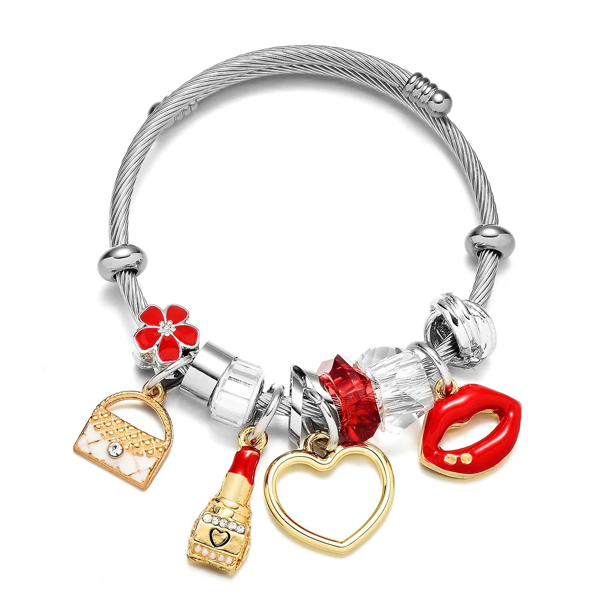 Jewelry Lipstick Lip Heart Bag Charms Beads Stainless Steel Wire Jewelry Bangle Bracelet
Jewelry Lipstick Lip Heart Bag Charms Beads Stainless Steel Wire Jewelry Bangle Bracelet
