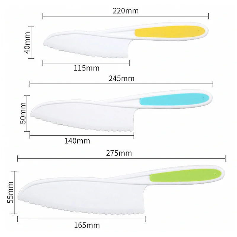 Knives for Kids 3-Piece Nylon Kitchen Baking Knife Set: Children's Cooking Knives in 3 Sizes, Colors/Firm Grip, Serrated Edges
Knives for Kids 3-Piece Nylon Kitchen Baking Knife Set: Children's Cooking Knives in 3 Sizes, Colors/Firm Grip, Serrated Edges