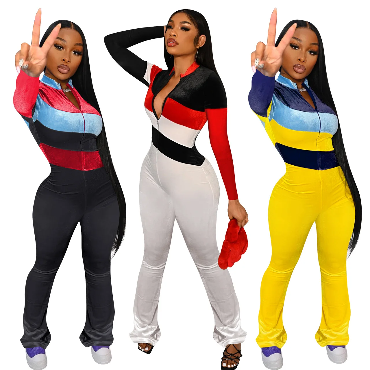 Fashion Womens Clothing Long Sleeve Deep V Neck Sports Pants Jumpsuit Velvet Flare Women One Piece Jumpsuits
Fashion Womens Clothing Long Sleeve Deep V Neck Sports Pants Jumpsuit Velvet Flare Women One Piece Jumpsuits