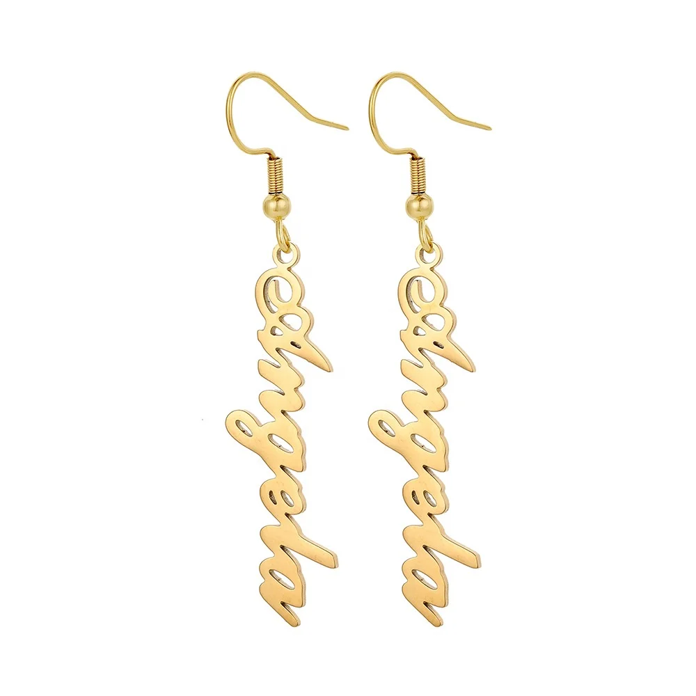 Custom big earring with name pendant Personalized gold plated stainless steel long pendant drop earrings
Custom big earring with name pendant Personalized gold plated stainless steel long pendant drop earrings