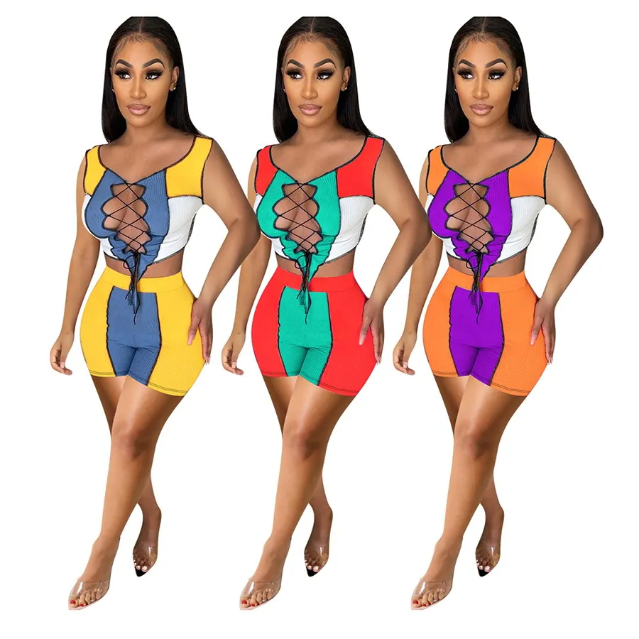 Foma NK223 women sexy lace up top and shorts contrast color patchwork ribbed knitted sports bodycon 2 two piece set
Foma NK223 women sexy lace up top and shorts contrast color patchwork ribbed knitted sports bodycon 2 two piece set