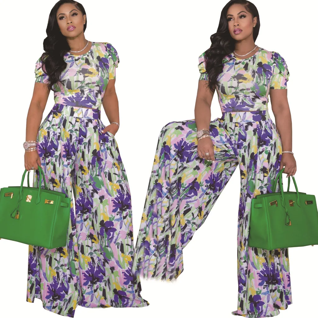 Amazon new European and American women two-piece digital print patchwork wide legs pants set
Amazon new European and American women two-piece digital print patchwork wide legs pants set