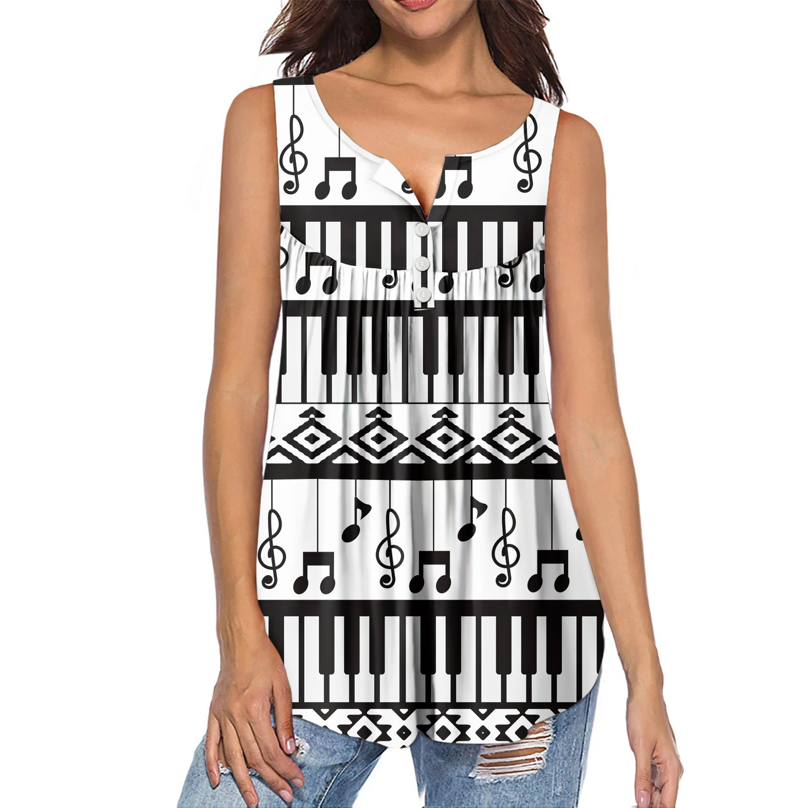 1 MOQ Custom Black Pattern Printing V-neck Sleeveless Plus Size Women High Quality Summer T-shirt Ladies Tops, Customized color
1 MOQ Custom Black Pattern Printing V-neck Sleeveless Plus Size Women High Quality Summer T-shirt Ladies Tops, Customized color