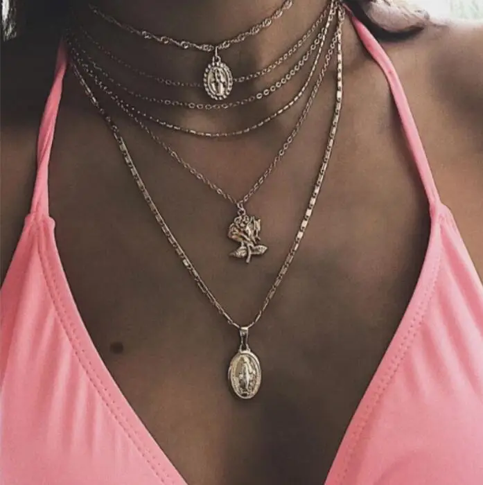 Layered Multilayer Gold Chain Rose Flower Coin Pendant Necklaces Choker Summer Beach Jewelry
Layered Multilayer Gold Chain Rose Flower Coin Pendant Necklaces Choker Summer Beach Jewelry