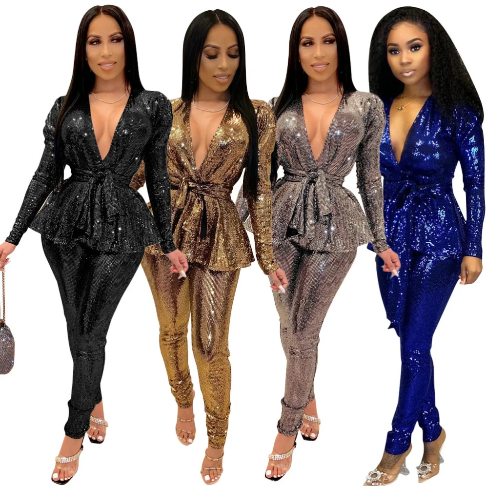 Trendy Fashion Luxury Sexy Party Long Sleeve Women Outfits Sequin Suits Women Two Piece Pants Set, Black, silver, gold, blue 
Trendy Fashion Luxury Sexy Party Long Sleeve Women Outfits Sequin Suits Women Two Piece Pants Set, Black, silver, gold, blue