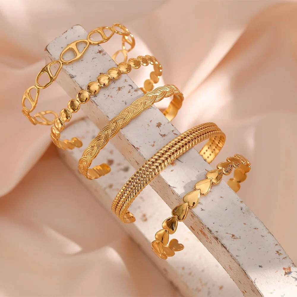 

Trendy Adjustable Open 18k Gold Plated Cuff Bangle Set Tarnish Free Stainless Steel Fashion Jewelry Bracelets & Bangles