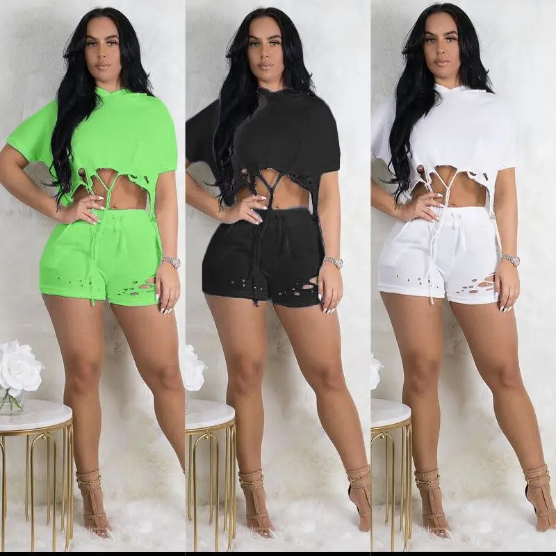 Newest Spring solid color perforated hollow out hoodie women two piece short sleeve sets
Newest Spring solid color perforated hollow out hoodie women two piece short sleeve sets