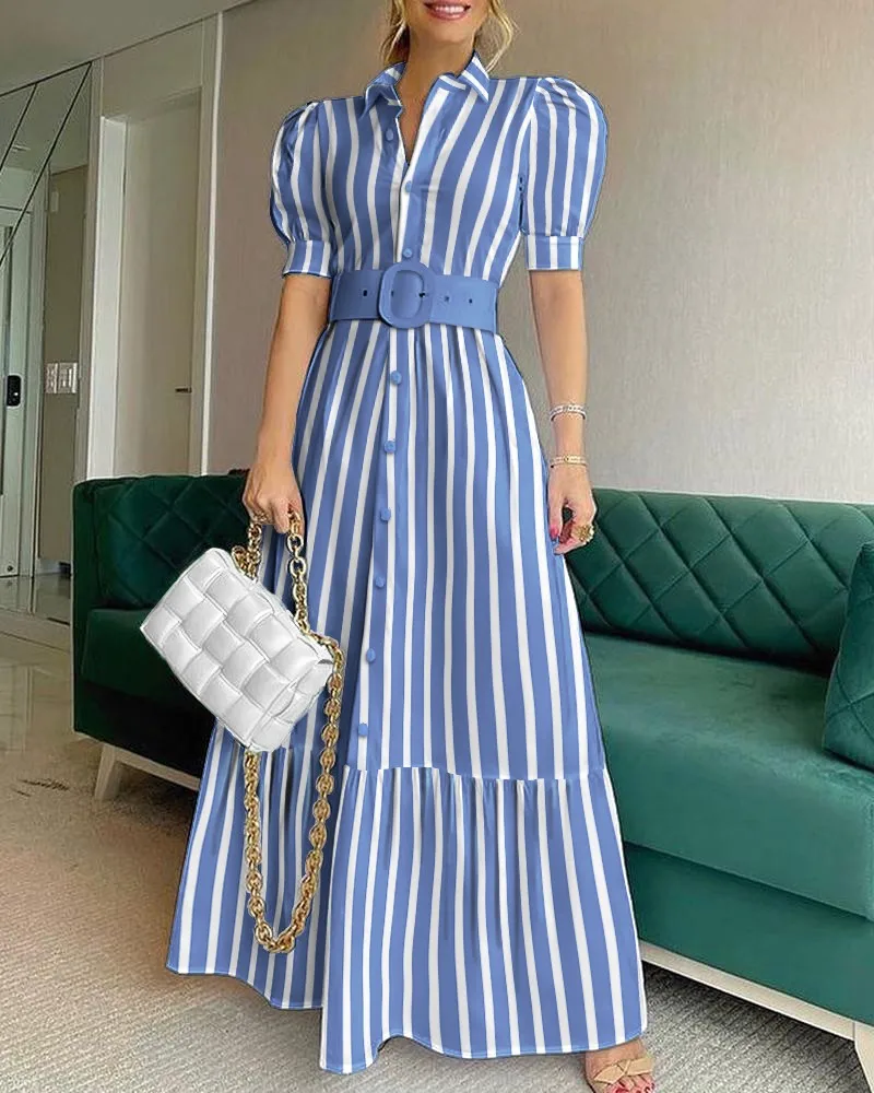 Fall Elegant Puff Sleeve Button Up Striped Waist Belt Women Casual Dress, White striped
Fall Elegant Puff Sleeve Button Up Striped Waist Belt Women Casual Dress, White striped
