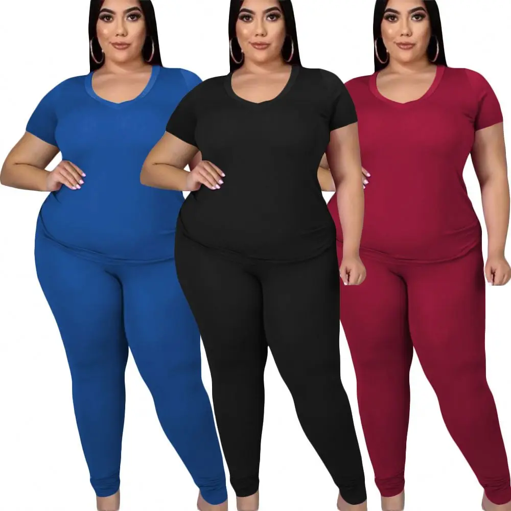 Plus Size Women 2 Piece Sets Solid Round Neck T-Shirt And Trousers Suits Wholesale, Customized color
Plus Size Women 2 Piece Sets Solid Round Neck T-Shirt And Trousers Suits Wholesale, Customized color