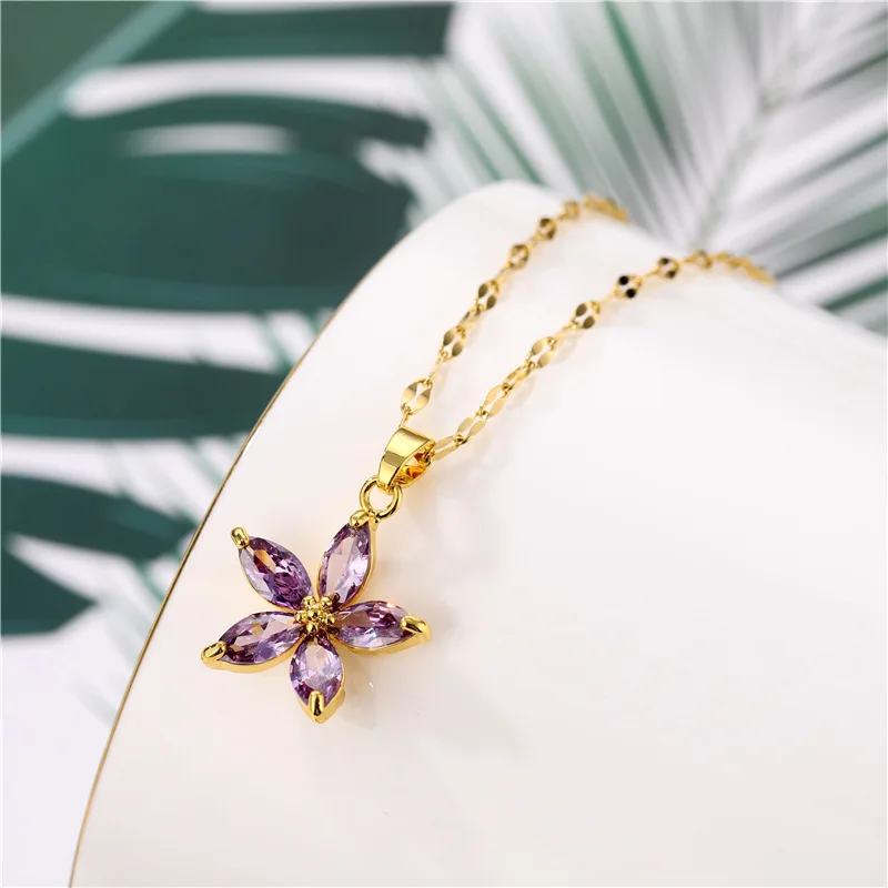 Korean Fashion 18K Gold Plated Titanium Steel Chain Cubic Zircon CZ Flower Necklace Purple Crystal Floral Pendant Necklace
Korean Fashion 18K Gold Plated Titanium Steel Chain Cubic Zircon CZ Flower Necklace Purple Crystal Floral Pendant Necklace