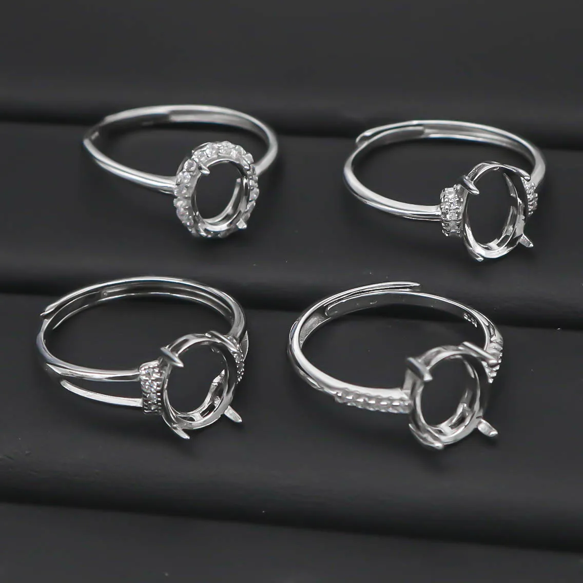

S925 Empty ring blank base Setting Hole with Claws and Zircons Sterling Silver mount for Inlay
