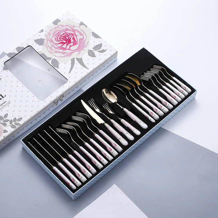 Popular Pink Handle Metalized Cutlery Sets 24 Piece Ceramic Stainless Steel Gold Cutlery Set
Popular Pink Handle Metalized Cutlery Sets 24 Piece Ceramic Stainless Steel Gold Cutlery Set