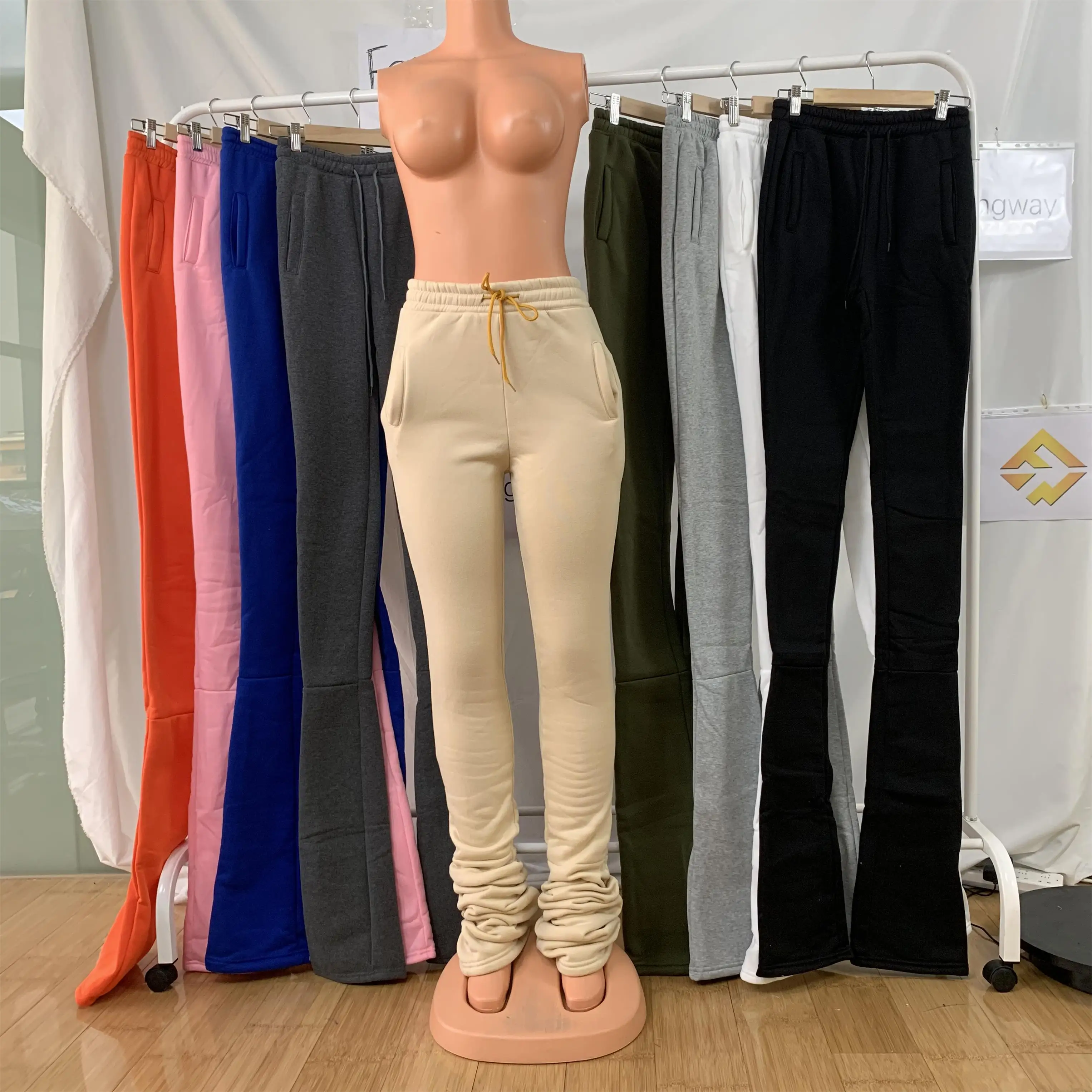 

S-2xl Winter Fashion Women Mid Thick Waist Drawstring Pleated Flare Pants Sweat Stacked Leggings For Women, Green, gray, black, pink. blue, orange, khaki, white, dark gray