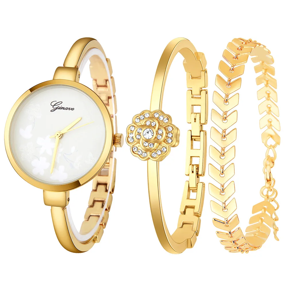 

3 PCS set Ginave Watch Women Rose Gold Diamond Bracelet Watch Luxury Jewelry Ladies Female Girl Hour Casual Quartz Wristwatches