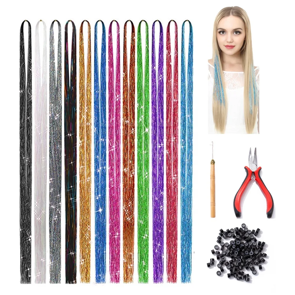

Hot Sale 200pcs Silicone Link Rings Beads 12 Colors 2400 Strands Glitter Hair Tinsel Strands Kit 47inch Hair Tinsel Extension