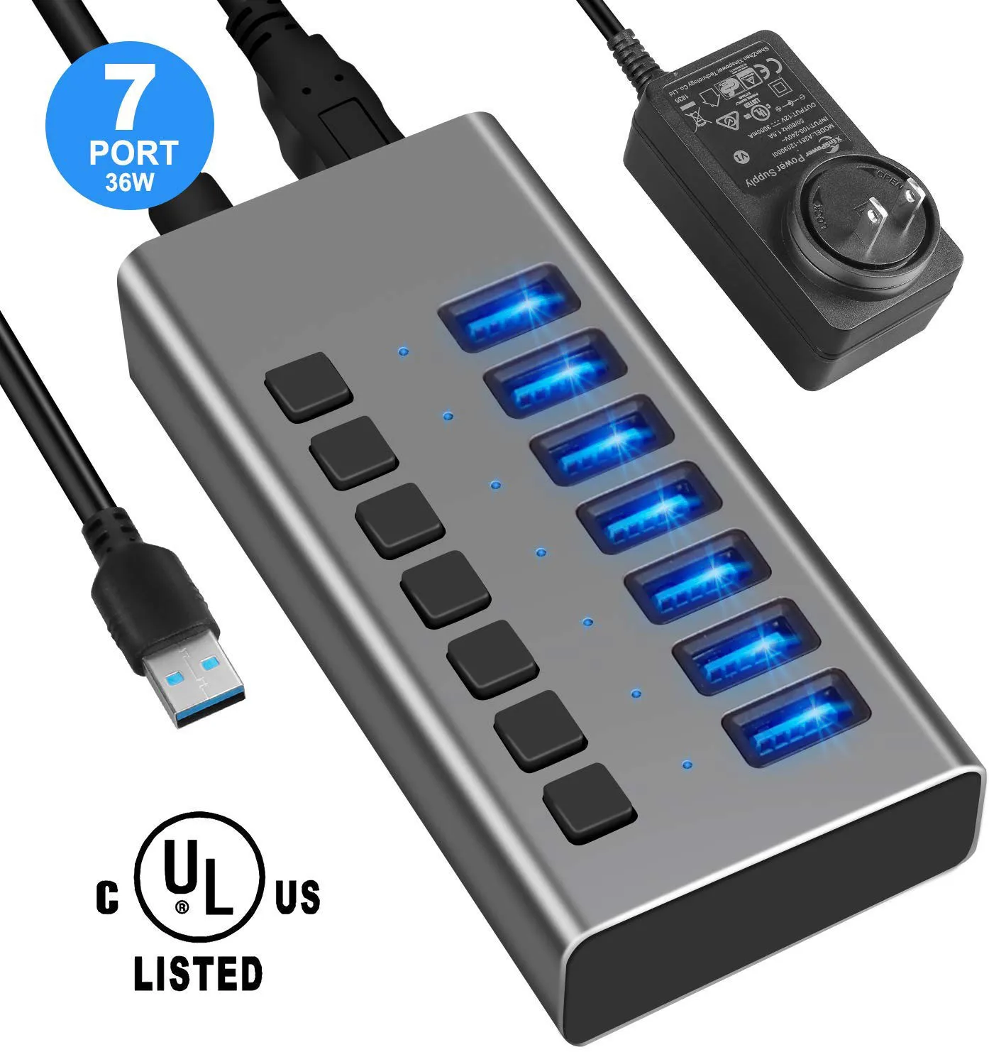 High Speed USB Splitter 7 Port USB 3.0 HUB With Individual Power Switches Includes 36W 12V/3A Power Adapter For Macbook
High Speed USB Splitter 7 Port USB 3.0 HUB With Individual Power Switches Includes 36W 12V/3A Power Adapter For Macbook
