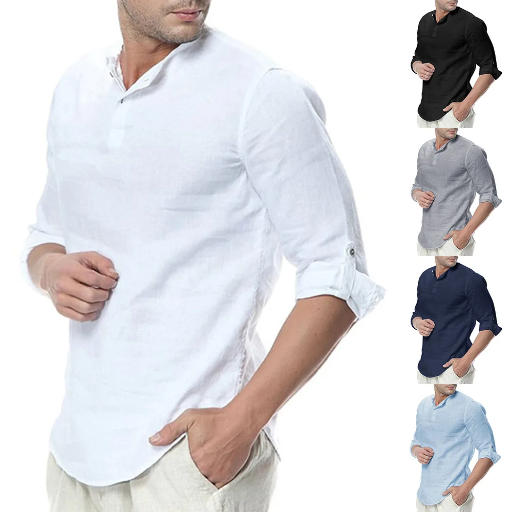 2020 new stitching European and American men's stand-up collar cotton linen long-sleeved shirt
2020 new stitching European and American men's stand-up collar cotton linen long-sleeved shirt