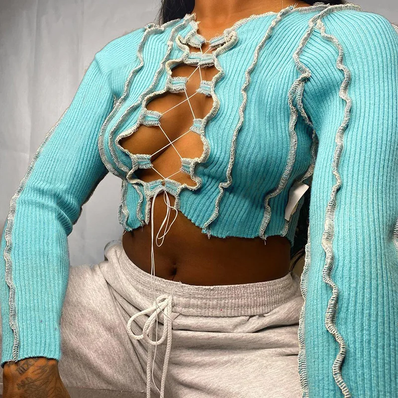 K313T072521 New Design Fashion Solid Color Long Sleeve ribbed T-Shirt Knitted rib Bandage Sexy Crop Top Hollow Out T-shirt, Picture showed
K313T072521 New Design Fashion Solid Color Long Sleeve ribbed T-Shirt Knitted rib Bandage Sexy Crop Top Hollow Out T-shirt, Picture showed