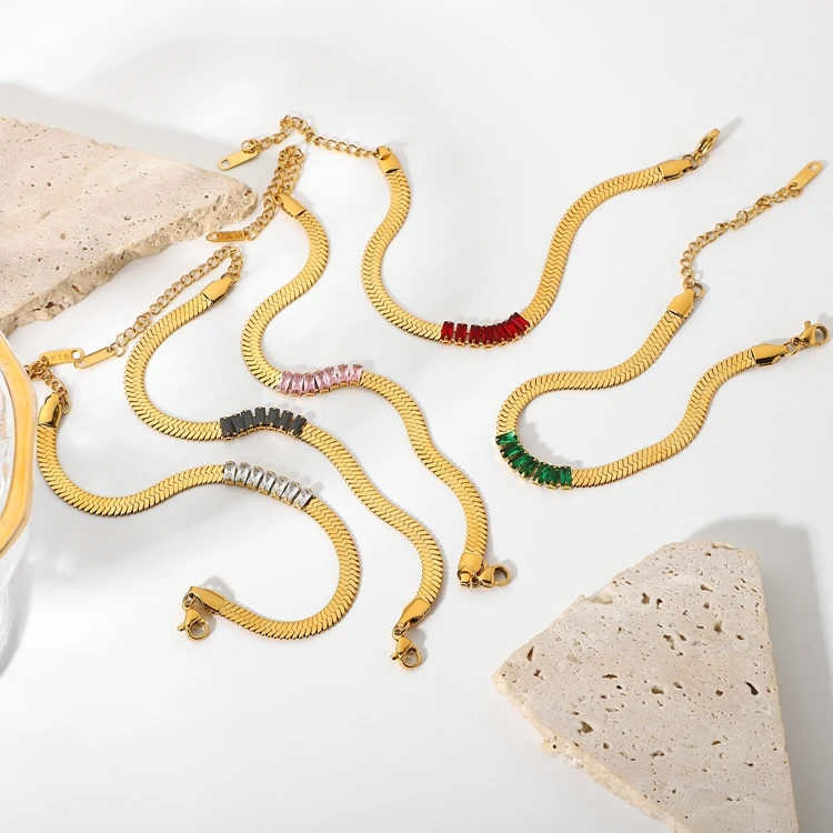 Stainless Steel Snake Chain Bracelet Bangles With Rectangular Colorful Zircon CZ Stone Flat 18K Gold Blade Chain Bracelets Women
Stainless Steel Snake Chain Bracelet Bangles With Rectangular Colorful Zircon CZ Stone Flat 18K Gold Blade Chain Bracelets Women