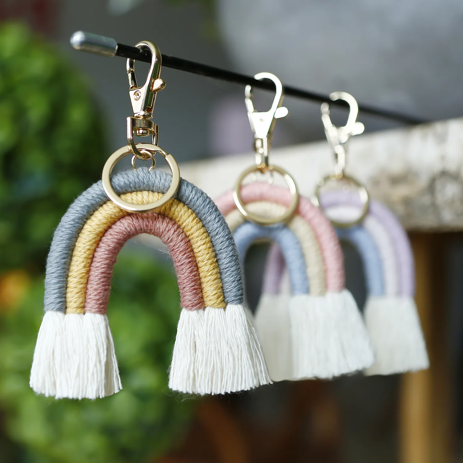 

Macrame Rainbow Keychain For Women Boho Handmade Weaving Cotton Thread Woven Bag Charm Girly Keychains Key Holder