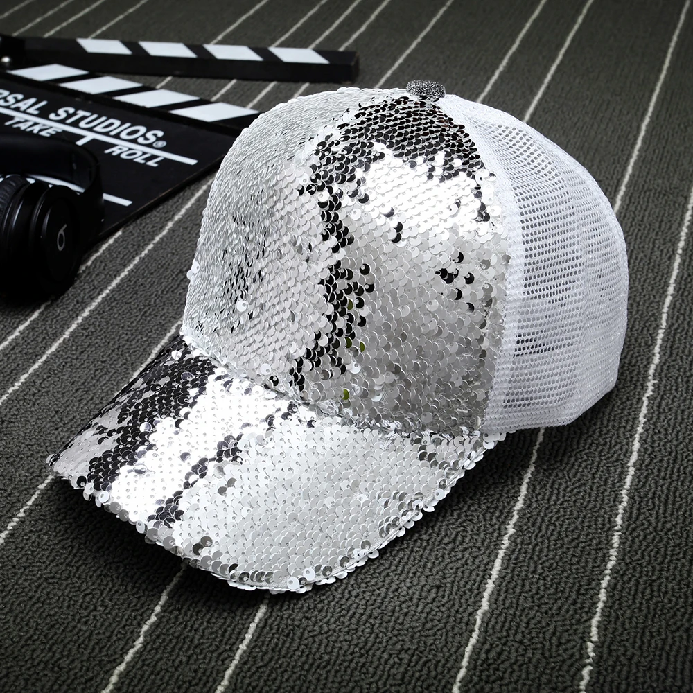 2019 Glitter Ponytail Baseball Cap Messy Bun Dad Hats For Women Sequins Shine Summer Mesh Trucker Hat Snapback Hip Hop Caps