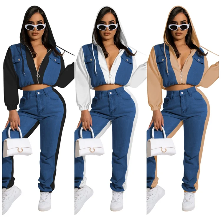 2022 Autumn Ladies Street Outfits Denim Patchwork Hooded Plus Size Women Two Piece Pants Set
2022 Autumn Ladies Street Outfits Denim Patchwork Hooded Plus Size Women Two Piece Pants Set