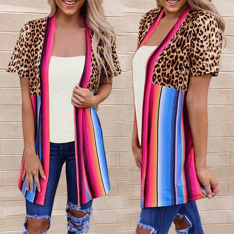 Fashion Casual Kimono Cardigan Long Blouses Loose Leopard Splicing Striped summer Cardigan Blouse Top women Clothing, Picture color
Fashion Casual Kimono Cardigan Long Blouses Loose Leopard Splicing Striped summer Cardigan Blouse Top women Clothing, Picture color