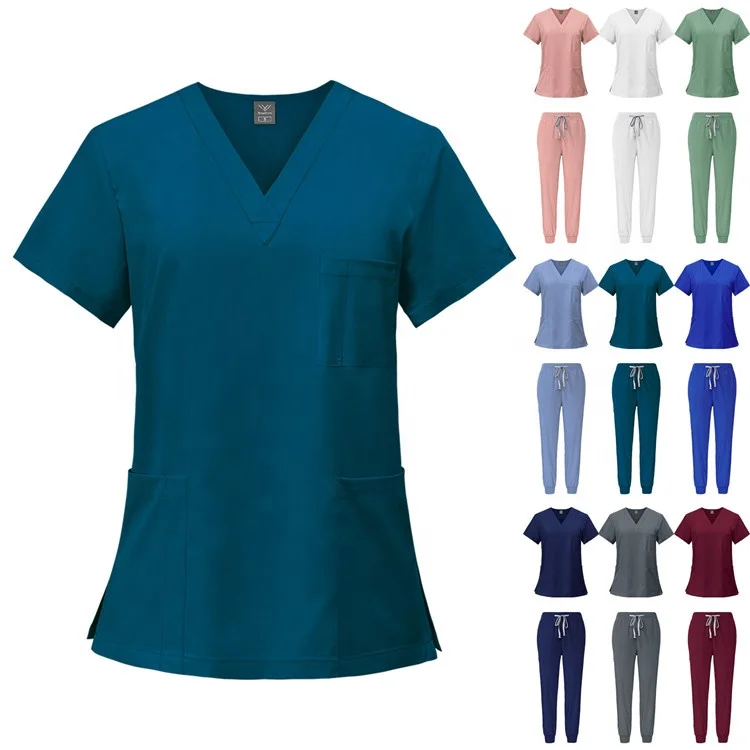 

unisex women's men's elastic logo custom nursing v-neck top pant jogger scrub hospital doctor uniforms scrub uniform scrubs set