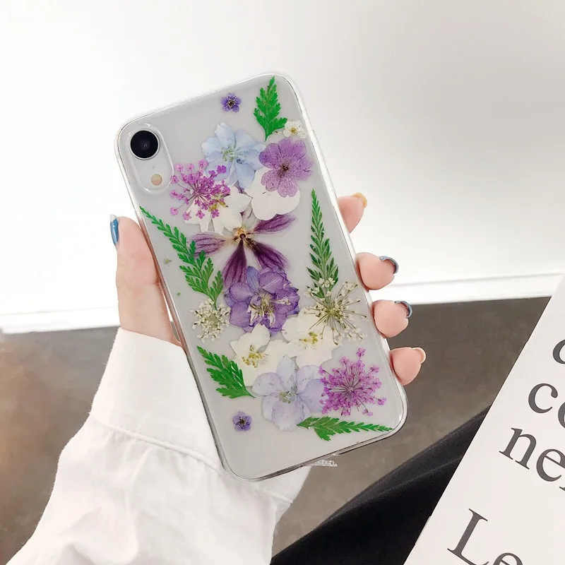 Shockproof Mobile Accessories  Epoxy 3D Dry Dried Real Flower Acrylic Back Phone cover Case