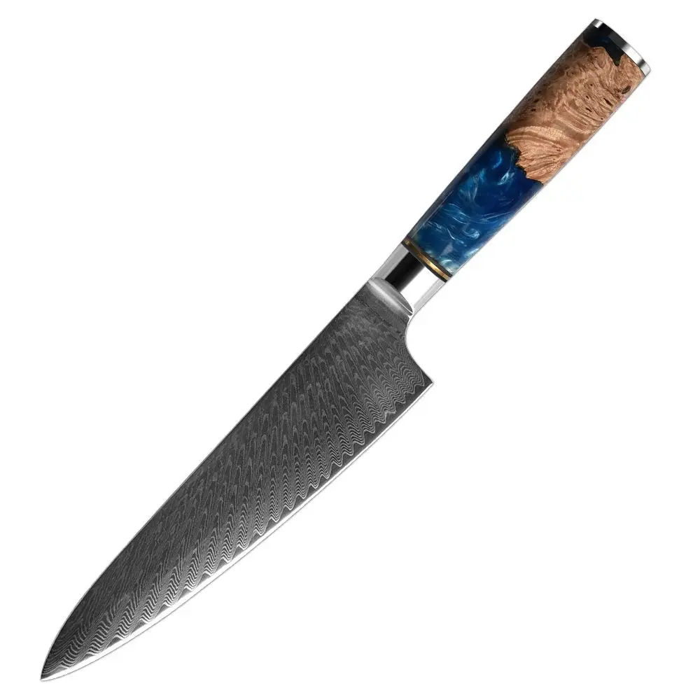 High end Professional kitchen knives 8 inch Damascus steel chef knife with wood resin handle
High end Professional kitchen knives 8 inch Damascus steel chef knife with wood resin handle